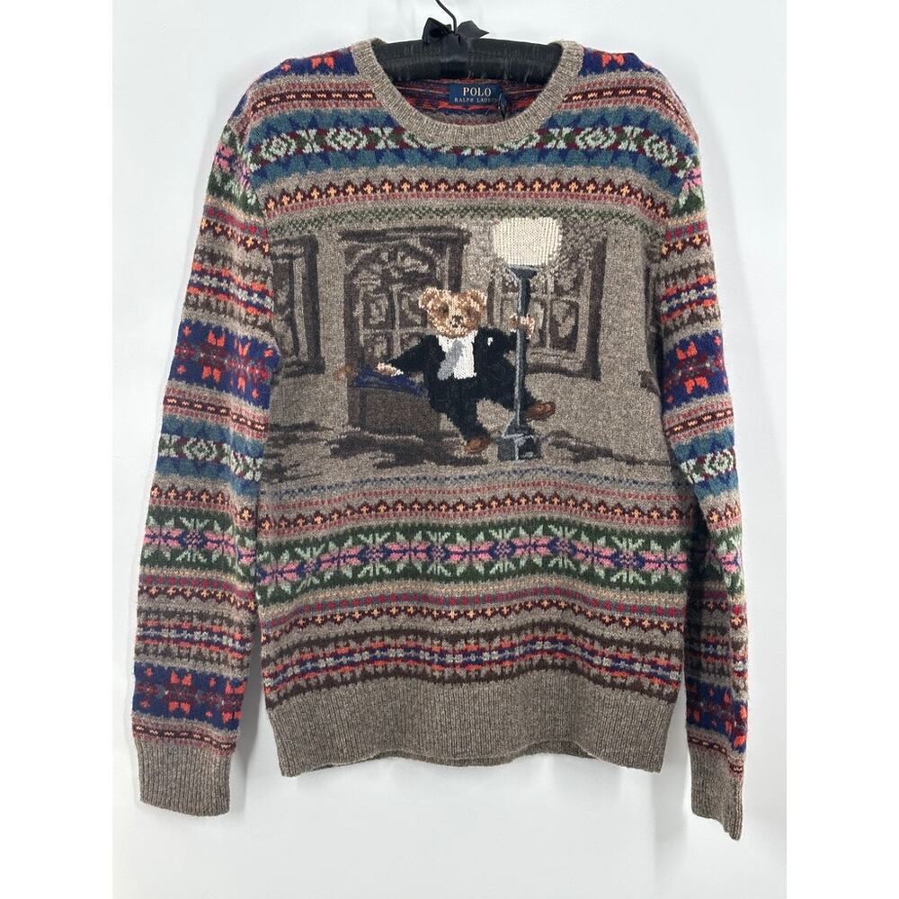 NWT Mens Polo by Ralph Lauren BEAR singing in the rain sweater beige small